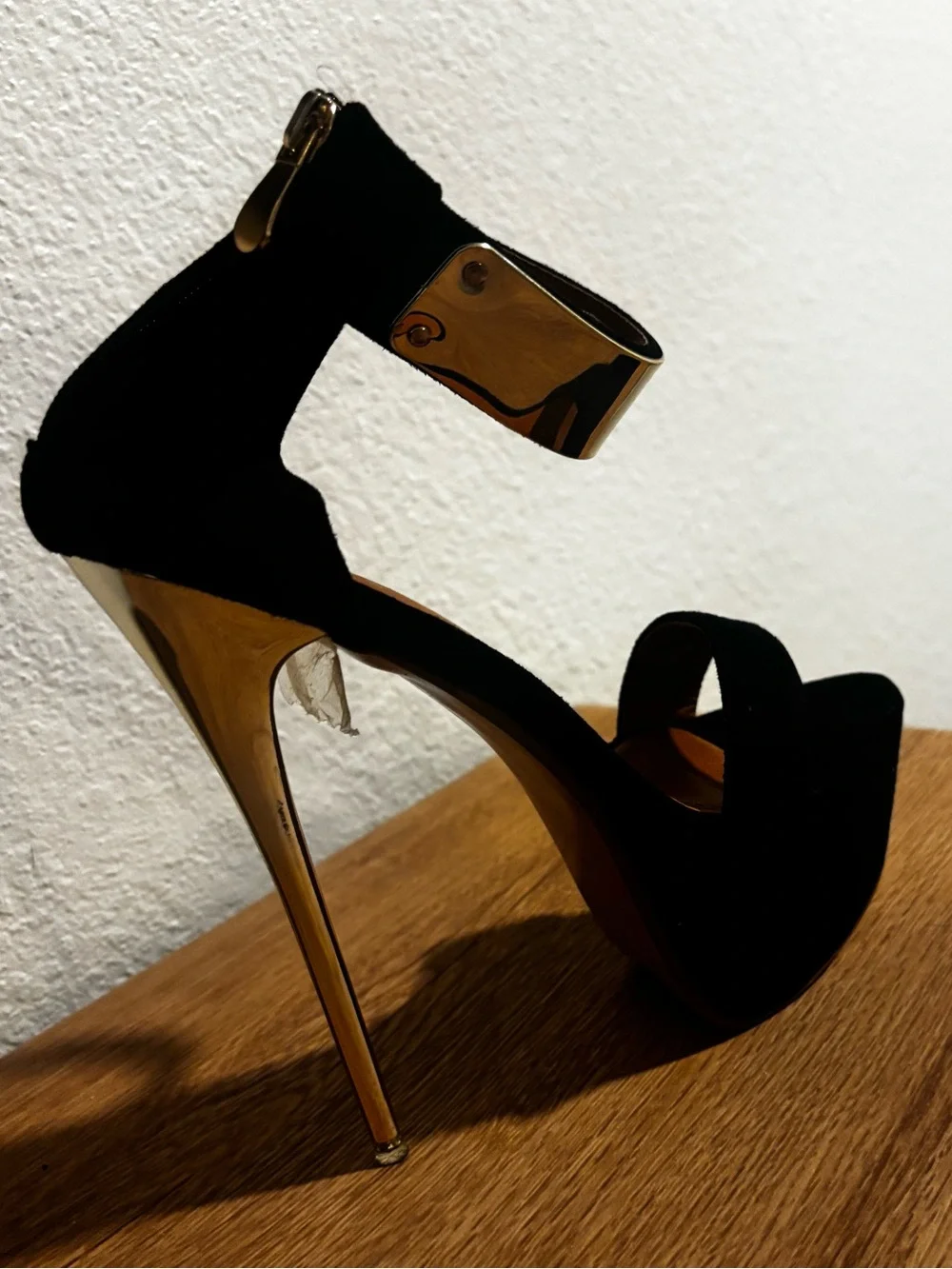NWOT - Black Suede Stiletto Sandals with Gold Accent Ankle Cuff